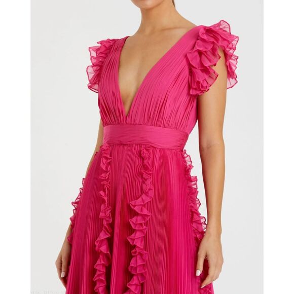 Mac Duggal 49539 Size 12 Pink Pleated Ruffle Ruffles V-Neck Long Maxi Gown Dress - Picture 7 of 8